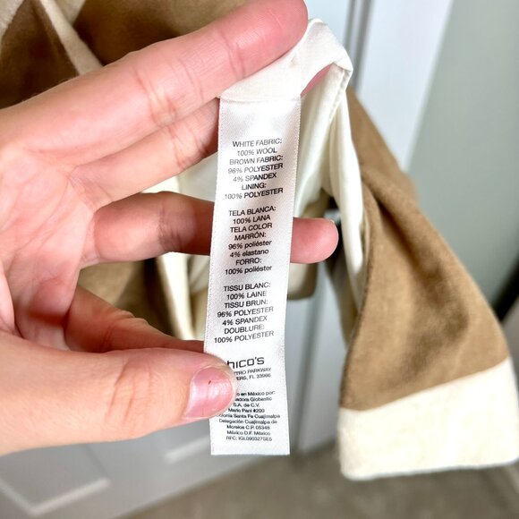 Chico's Women's Cream Textured Wool Long Vest With Snaps Faux Suede Panel XL - Picture 7 of 8